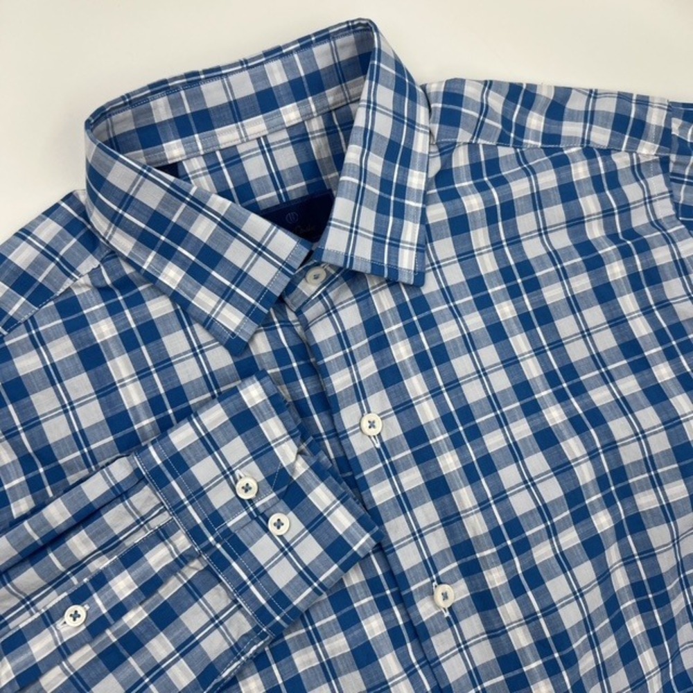 David Donahue Blue & White Plaid Cotton Button Down Long Sleeve Shirt Size M